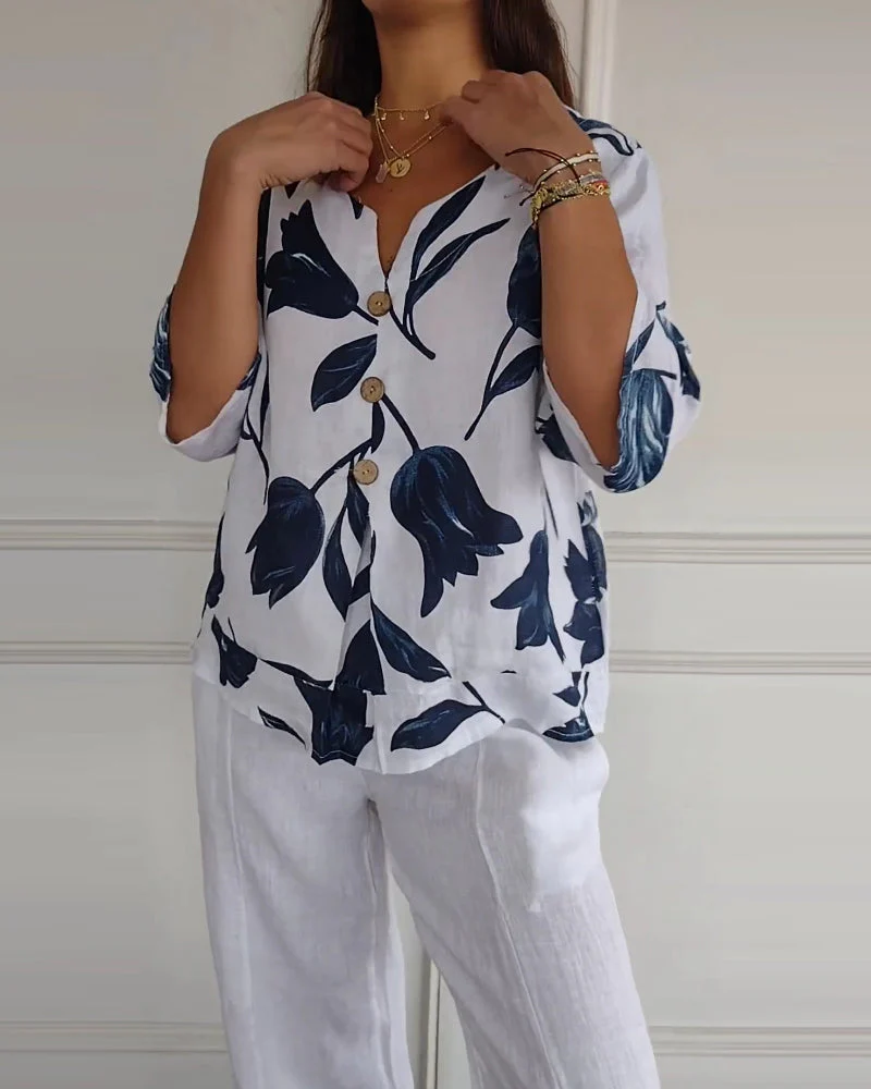 Floral print cotton and linen button-down top - Image 7