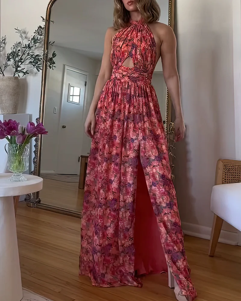 Floral Print Open Back Dress – Soft-Touch Statement Piece for Vacation Nights and Outdoor Events