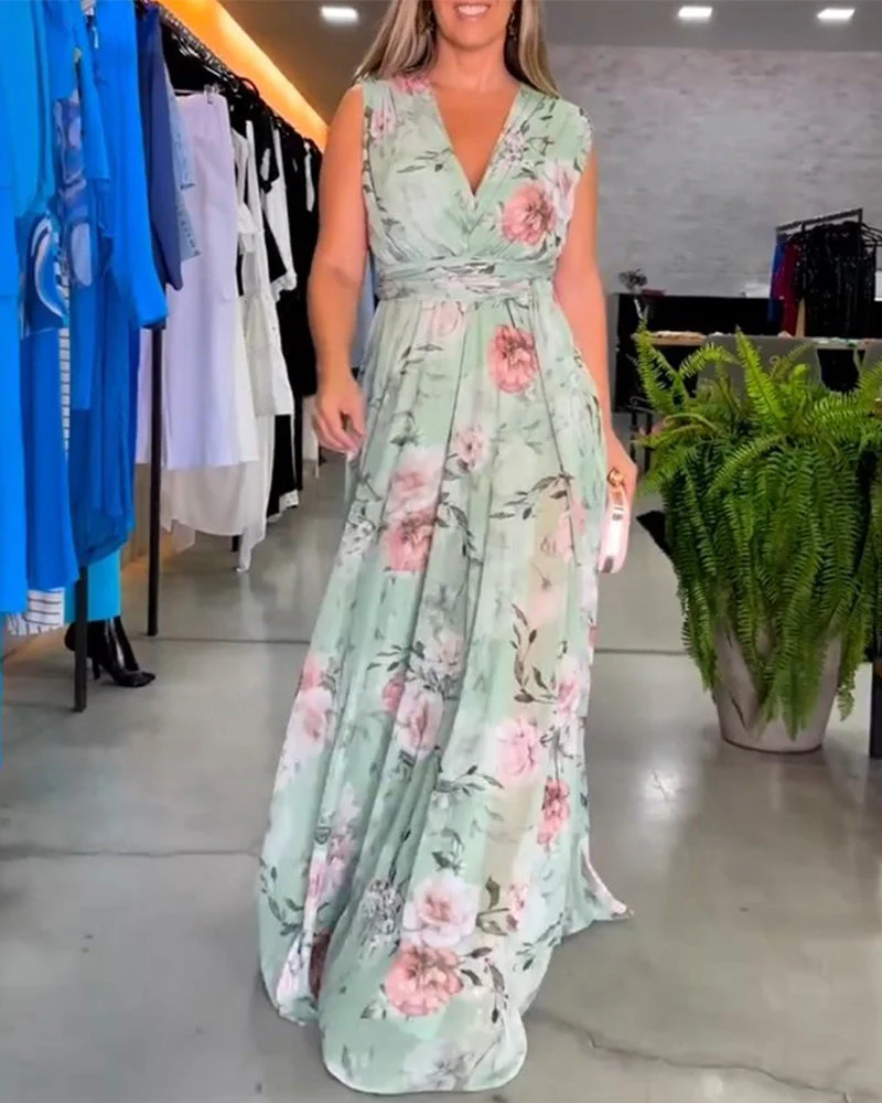 Floral print V-neck elegant sleeveless dress - Image 30