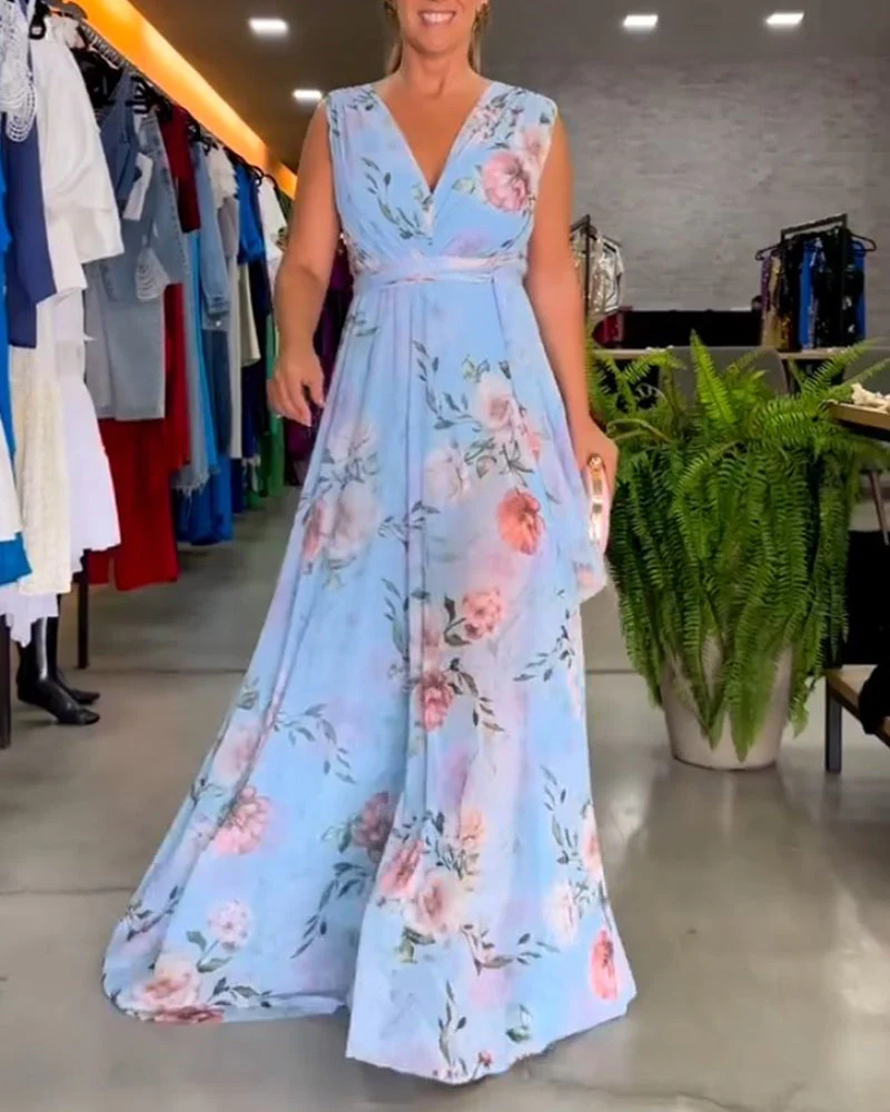 Floral print V-neck elegant sleeveless dress - Image 5