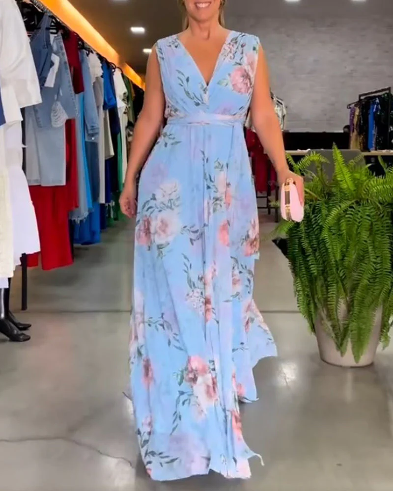 Floral print V-neck elegant sleeveless dress - Image 6