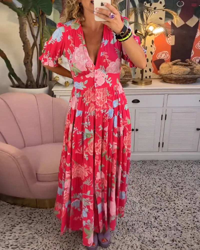 Floral print v-neck pocket dress - Image 25