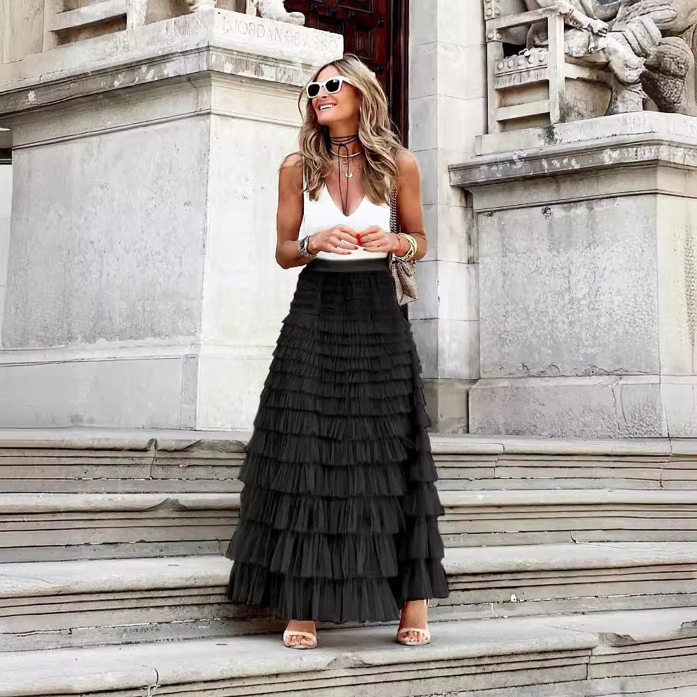 Flowy Layered Mesh Midi Skirt - Image 24