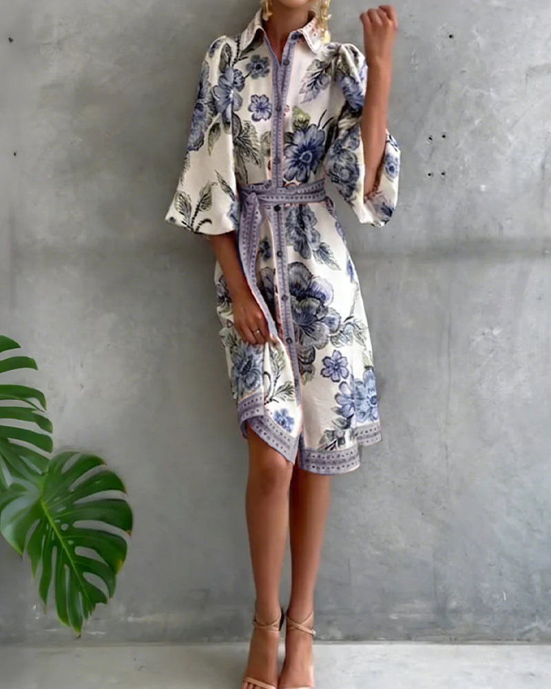 French Lantern Sleeve Notched Collar Printed Dress - Image 13