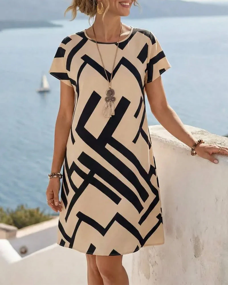 Geometric Print Loose A-Line Dress - Image 4