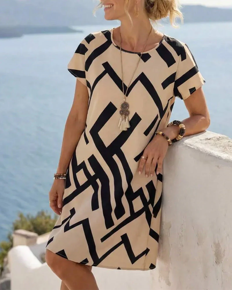 Geometric Print Loose A-Line Dress - Image 6