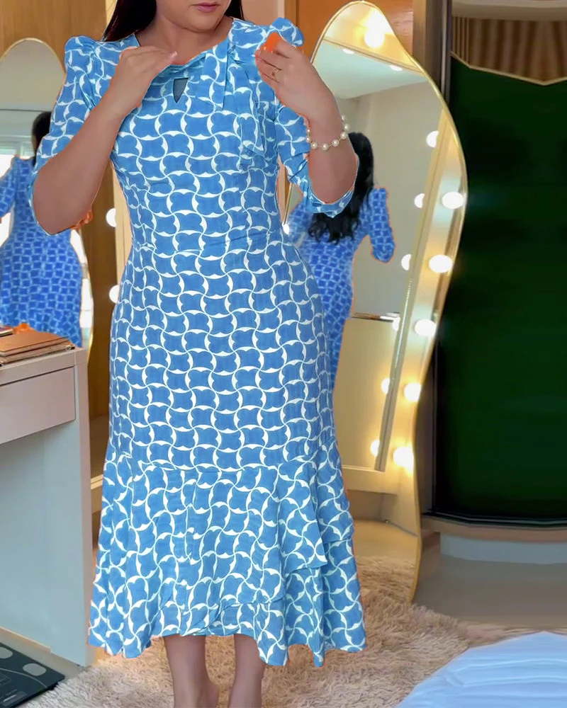 Half Sleeve Round Neck Waist Print Dress - Image 11