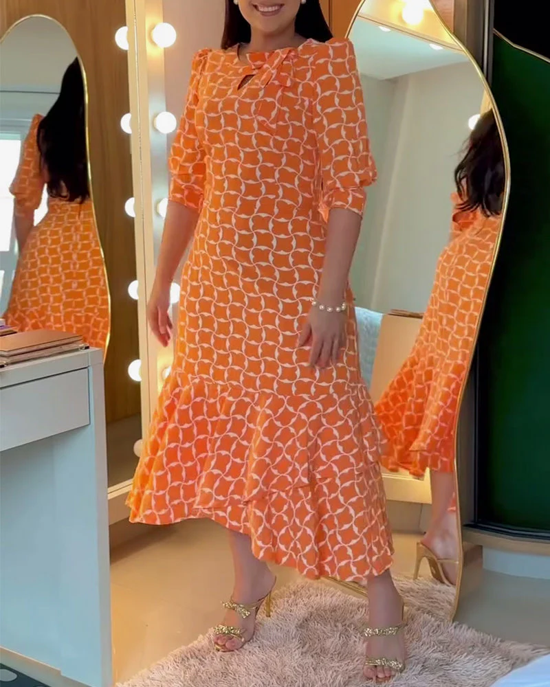 Half Sleeve Round Neck Waist Print Dress - Image 5
