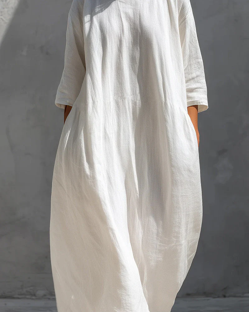Half Sleeve Solid Color Loose Cotton Dress - Image 3