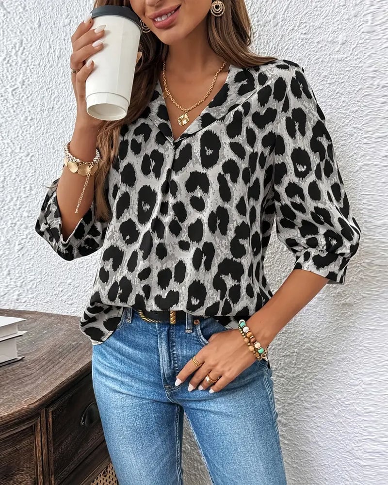 Half-Sleeved Leopard Print Loose Blouse - Image 15