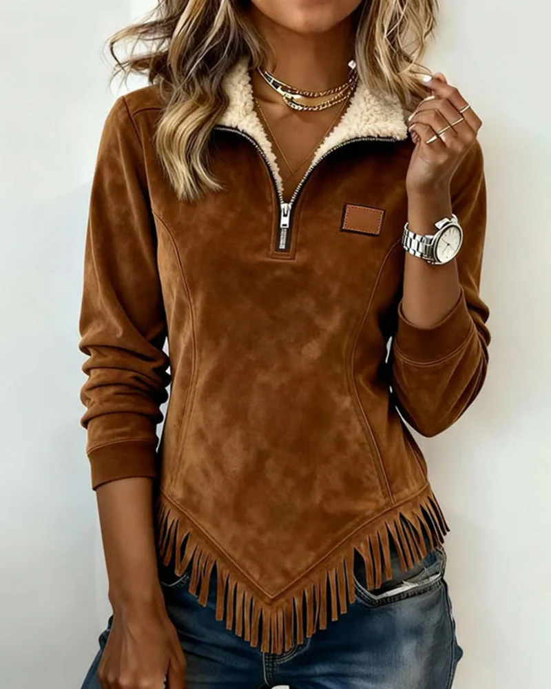 Half-Zip Asymmetric Fringe Sweatshirt - Image 4
