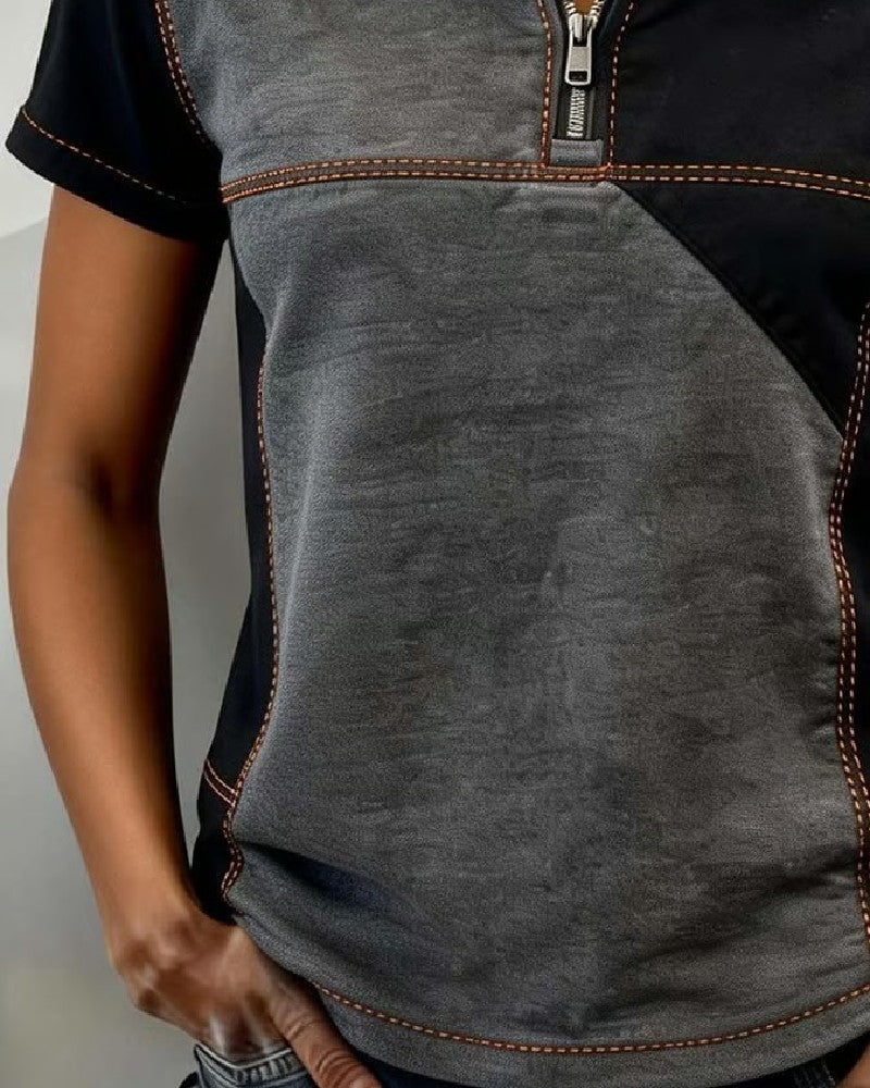 Half-Zip Color-Block Short-Sleeved Top - Image 2