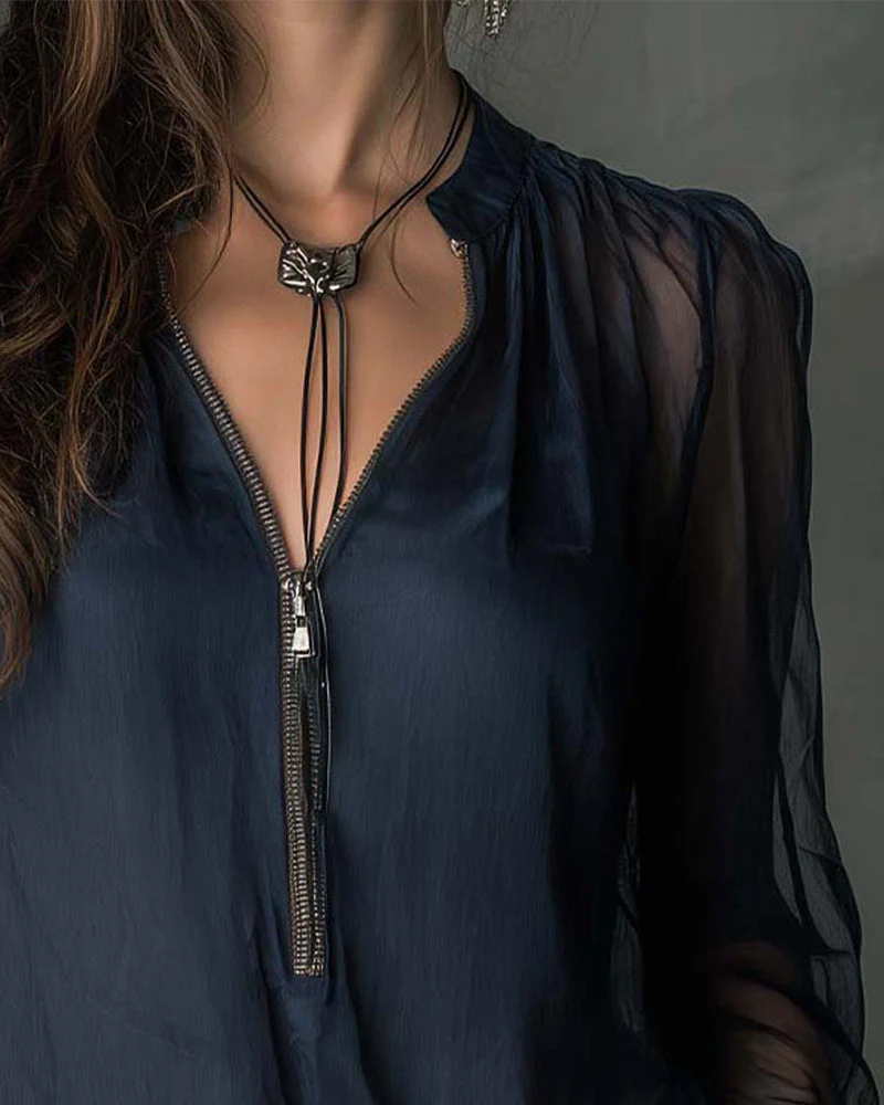 Half-Zip Mesh Long-Sleeve Blouse - Image 6