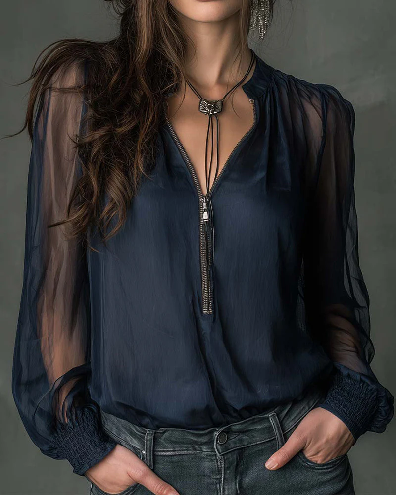 Half-Zip Mesh Long-Sleeve Blouse - Image 9