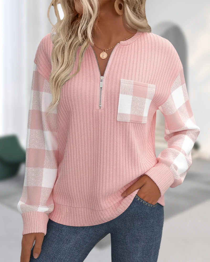 Half-Zip Plaid Patchwork Sweatshirt - Image 2