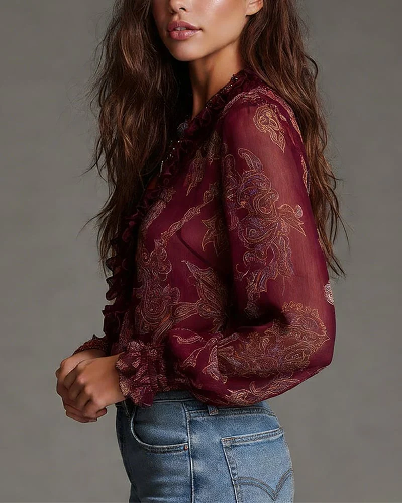 Half-Zip Ruffle Retro Blouse - Image 5