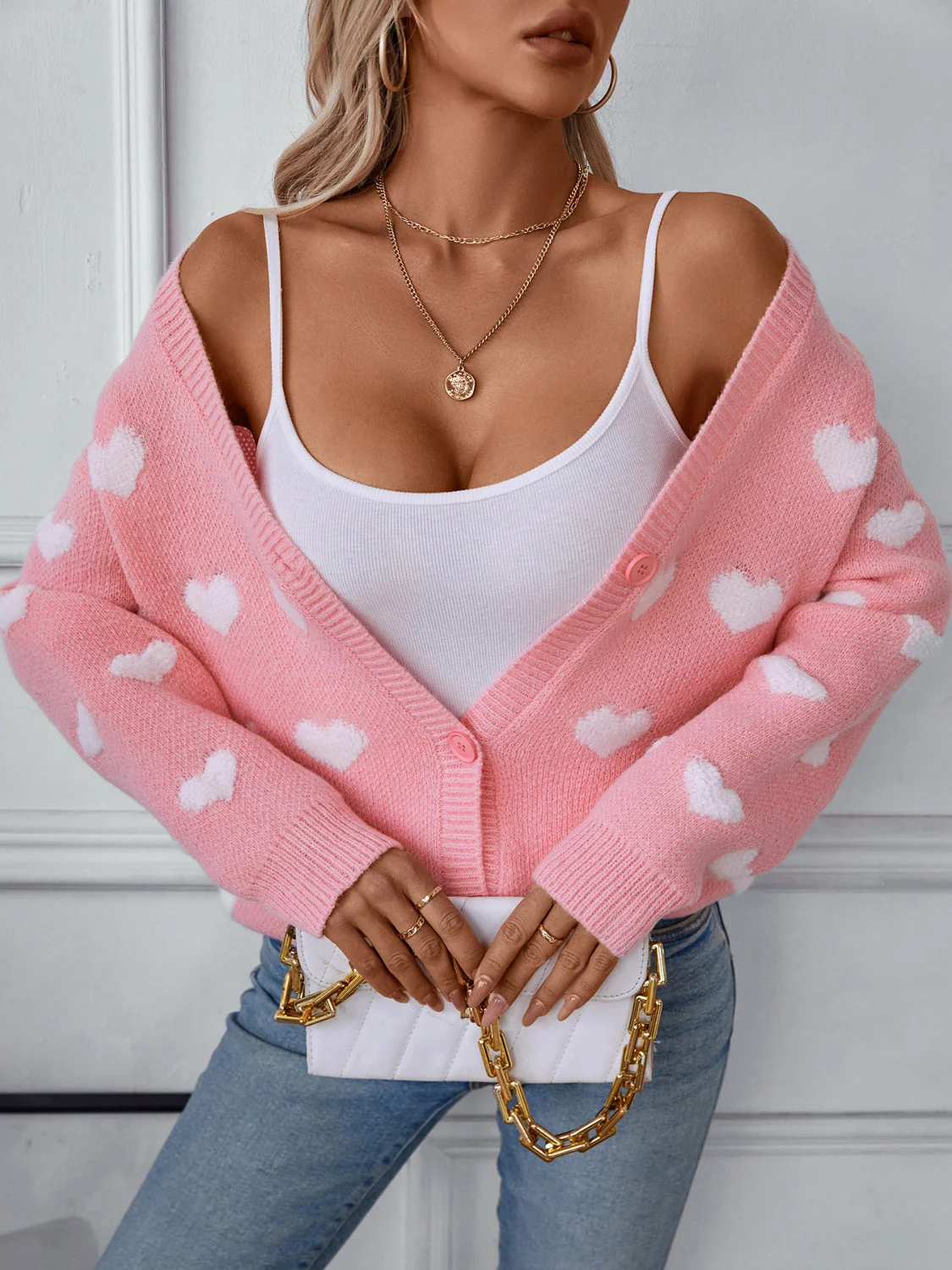 Heart V-Neck Button Up Long Sleeve Cardigan - Image 3