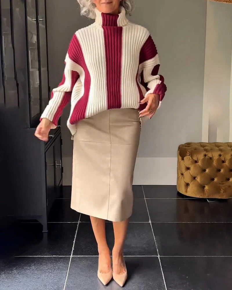 High Collar Vertical Striped Sweater - Image 2