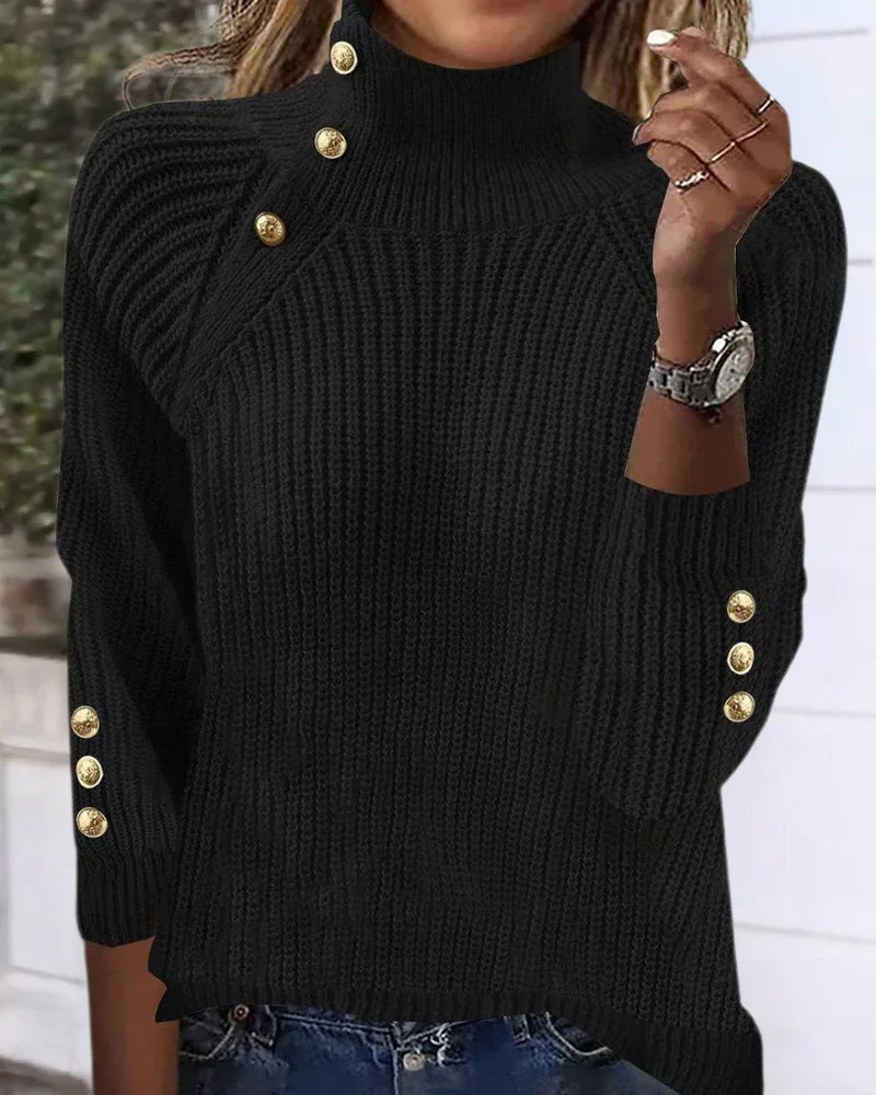 High-Neck Metallic-Button Sweater - Image 2