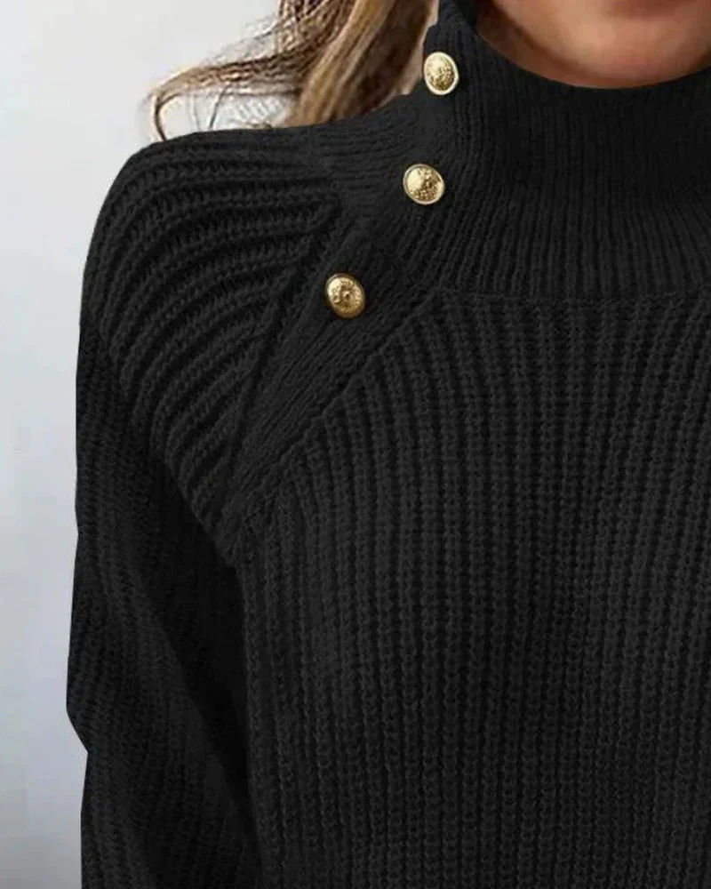 High-Neck Metallic-Button Sweater - Image 4