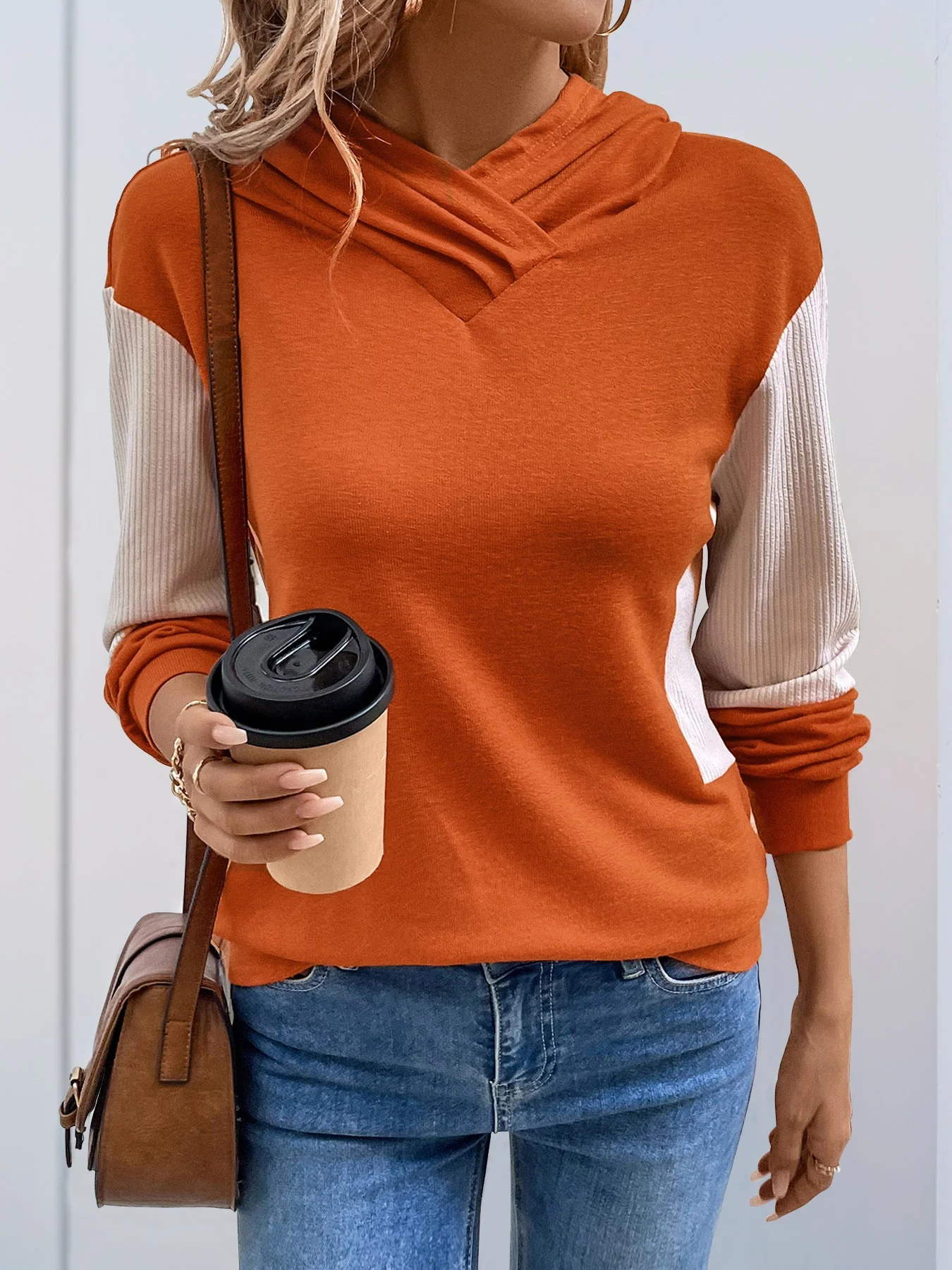 Hooded Contrast Color Long Sleeve Sweater - Image 8