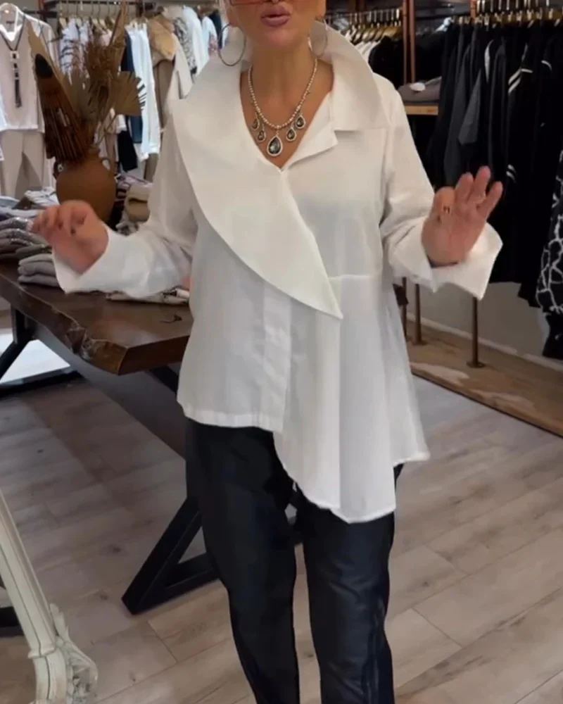 Irregular Lapel Solid Color Shirt - Image 2