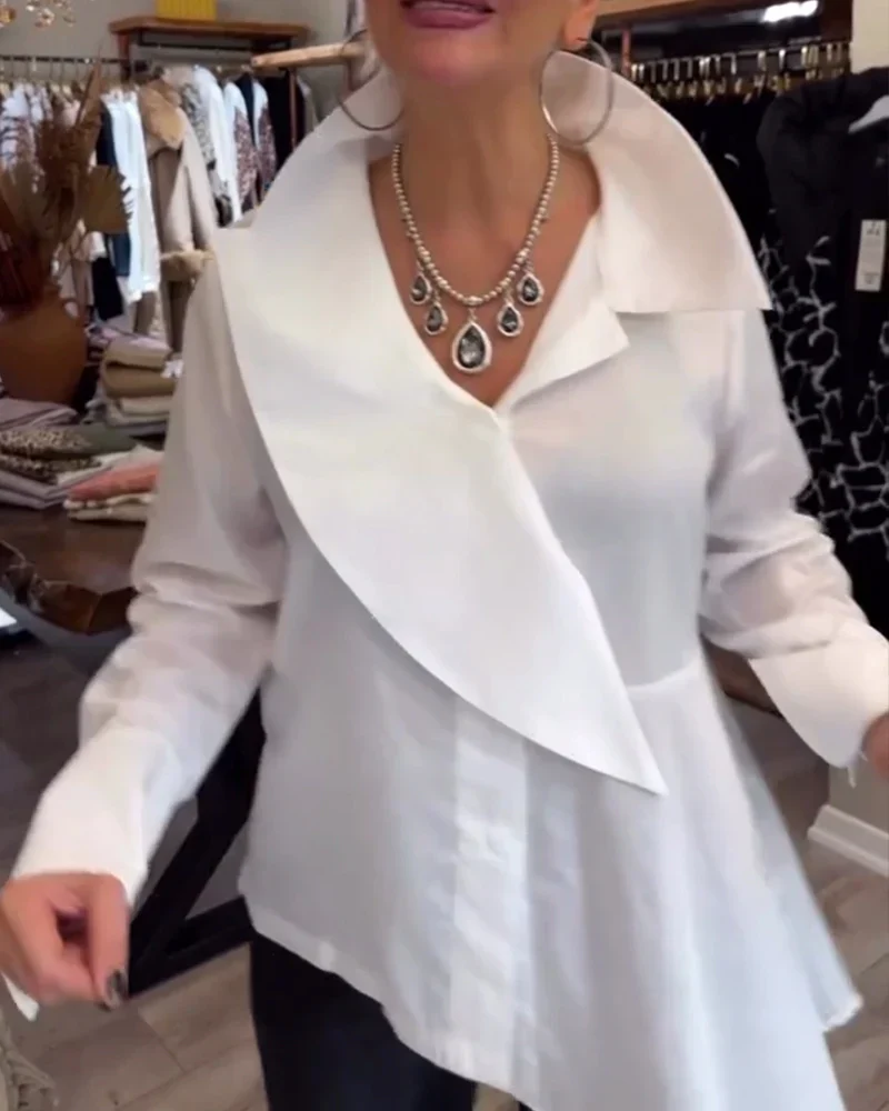 Irregular Lapel Solid Color Shirt - Image 5