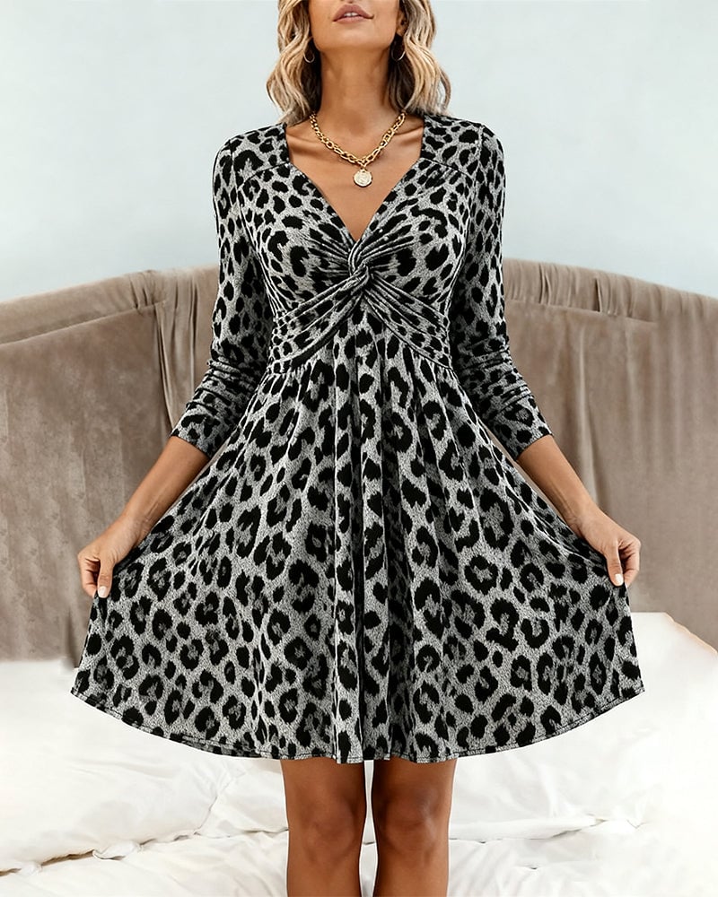Knotted V-Neck Leopard Print Fashion Dress - Image 4