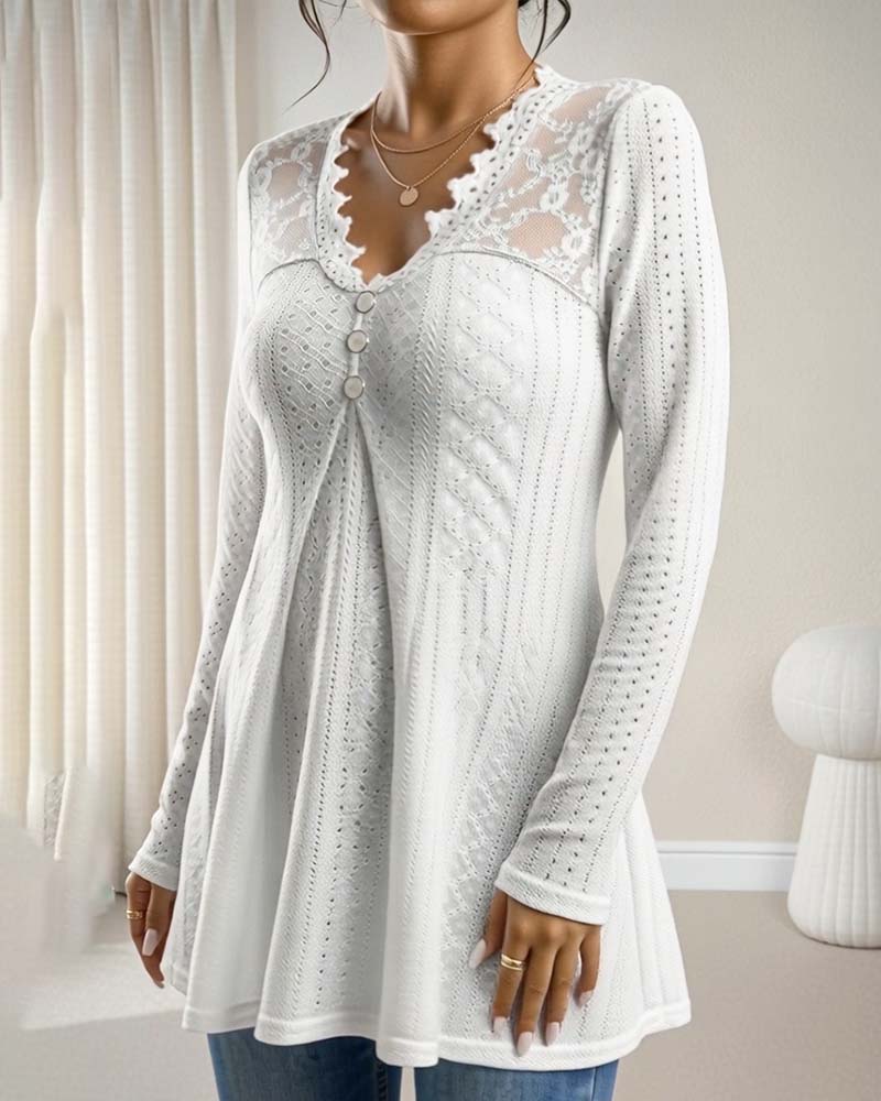 Lace Panel V-Neck Button-Down Top - Image 2