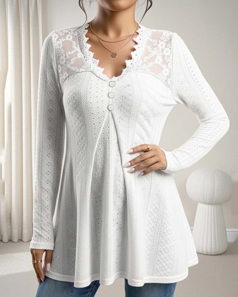 Lace Panel V-Neck Button-Down Top - Image 3