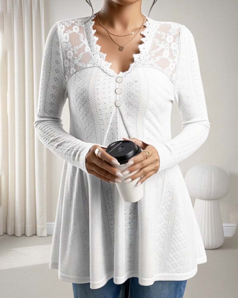 Lace Panel V-Neck Button-Down Top - Image 4