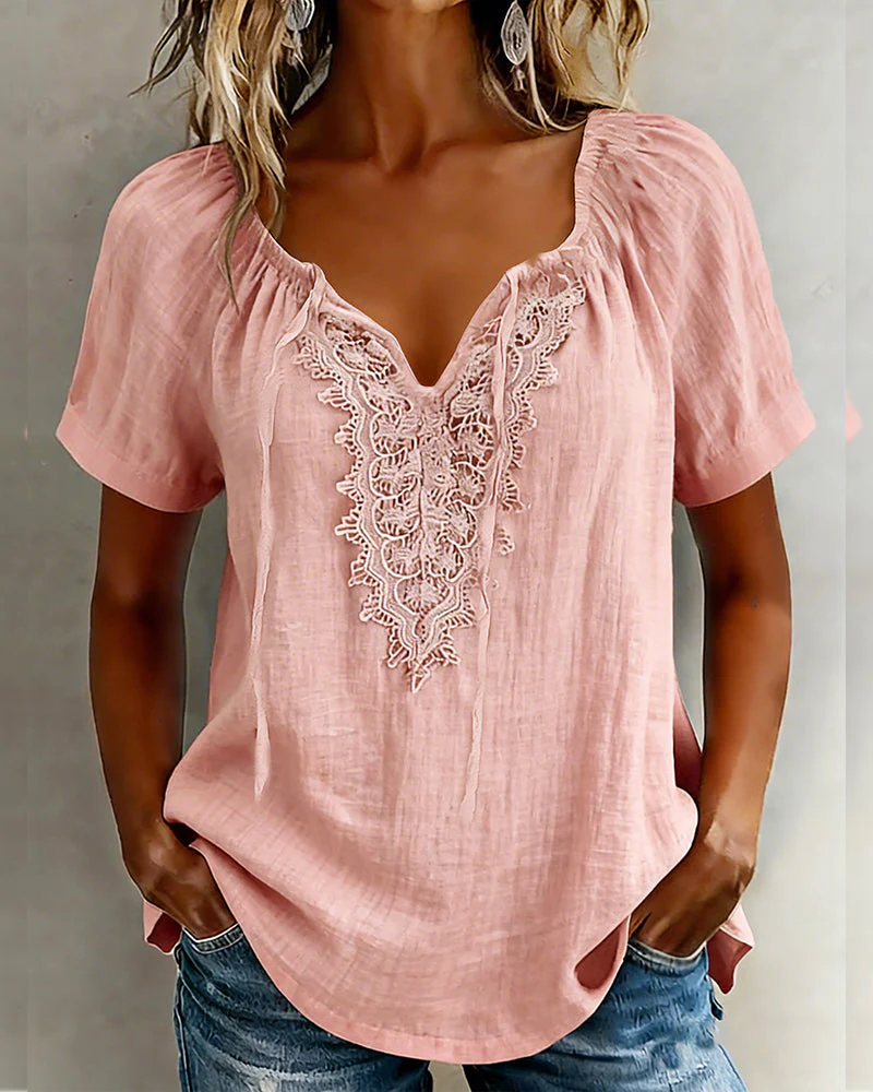 Lace Patchwork Short Sleeve Blouse - Image 4