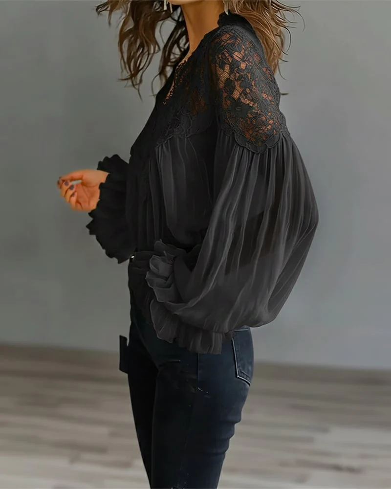 Lace Patchwork V-Neck Blouse - Image 2