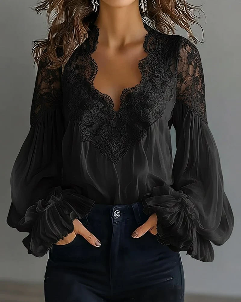 Lace Patchwork V-Neck Blouse - Image 3