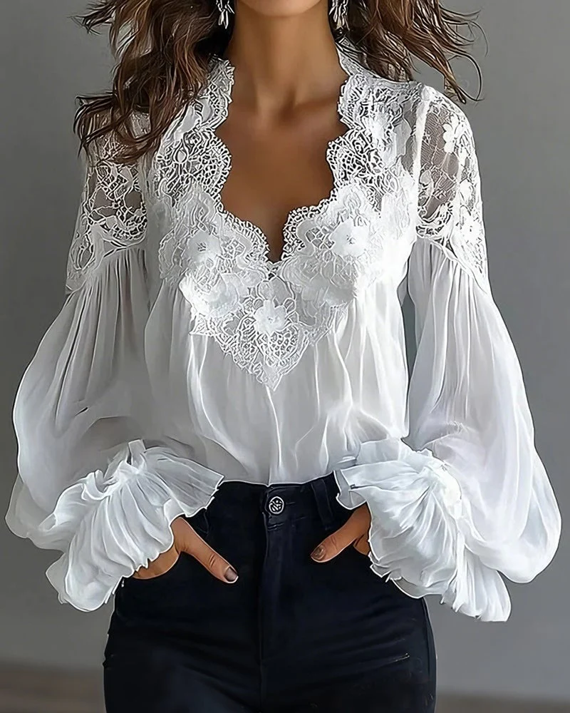 Lace Patchwork V-Neck Blouse - Image 7