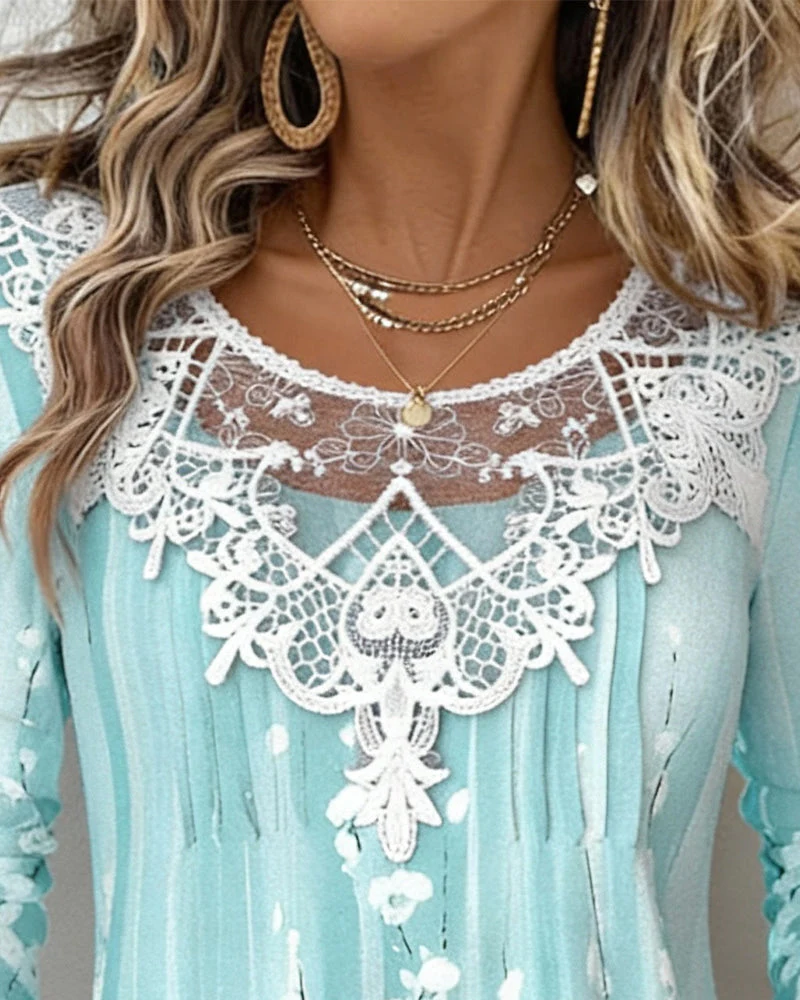 Lace-Trimmed Round-Neck Floral Long-Sleeved Top - Image 3