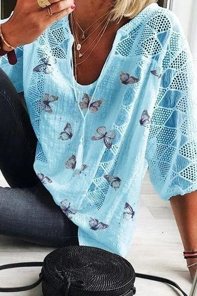 Ladies Butterfly Print V-neck Blouse - Image 7