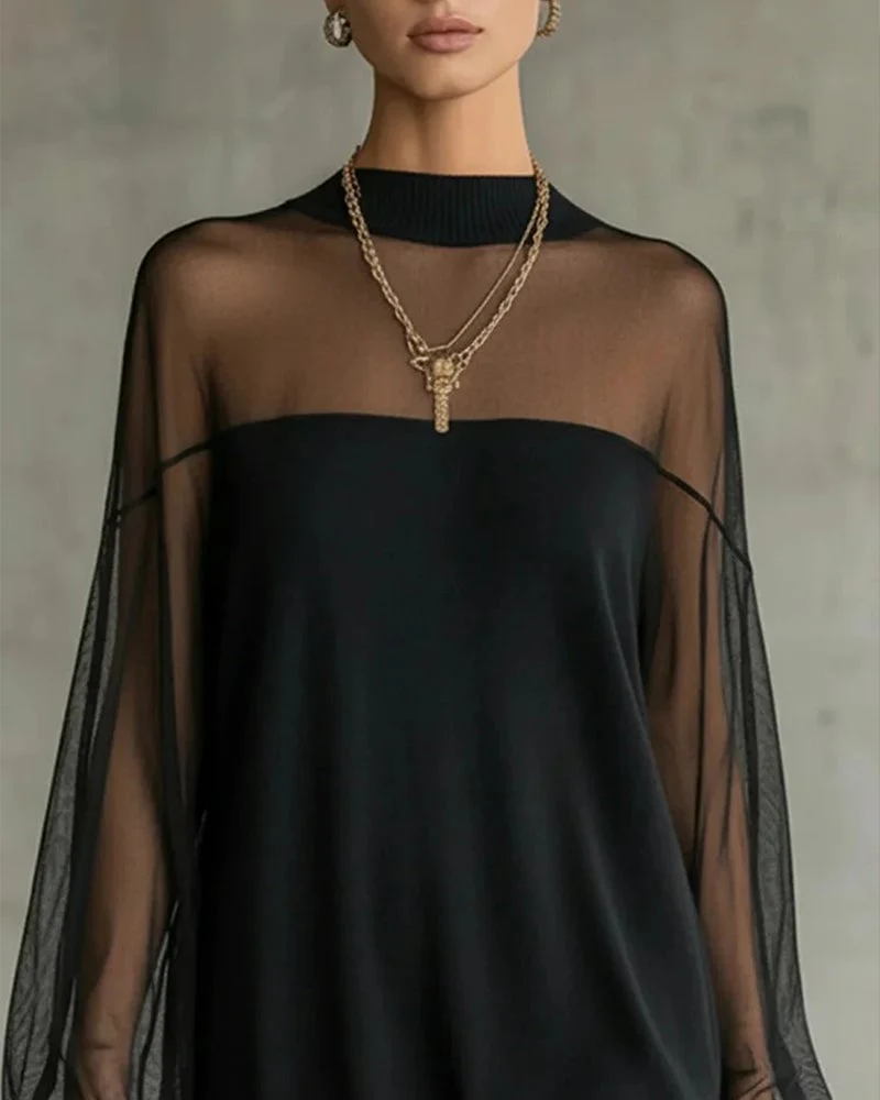 Lantern Sleeve Solid Color Patchwork Dress - Image 2