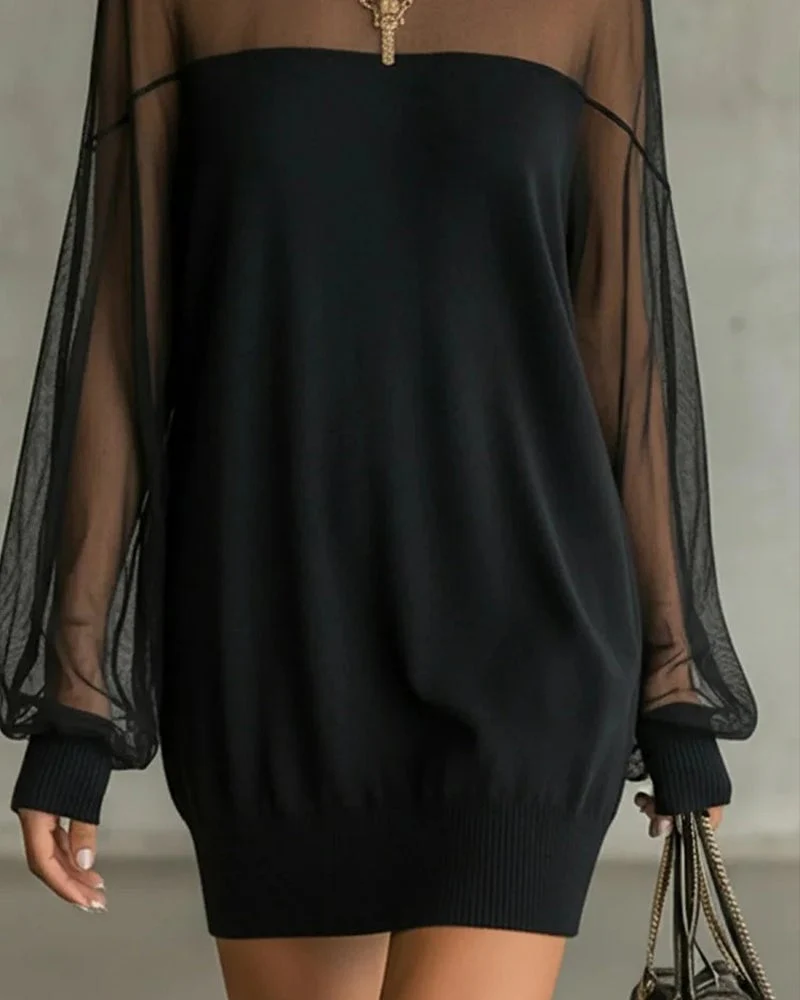 Lantern Sleeve Solid Color Patchwork Dress - Image 3