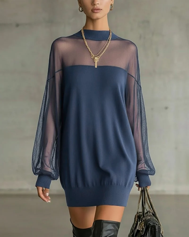 Lantern Sleeve Solid Color Patchwork Dress - Image 4