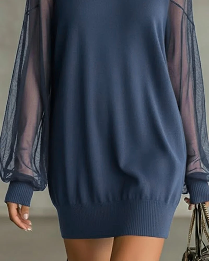 Lantern Sleeve Solid Color Patchwork Dress - Image 6