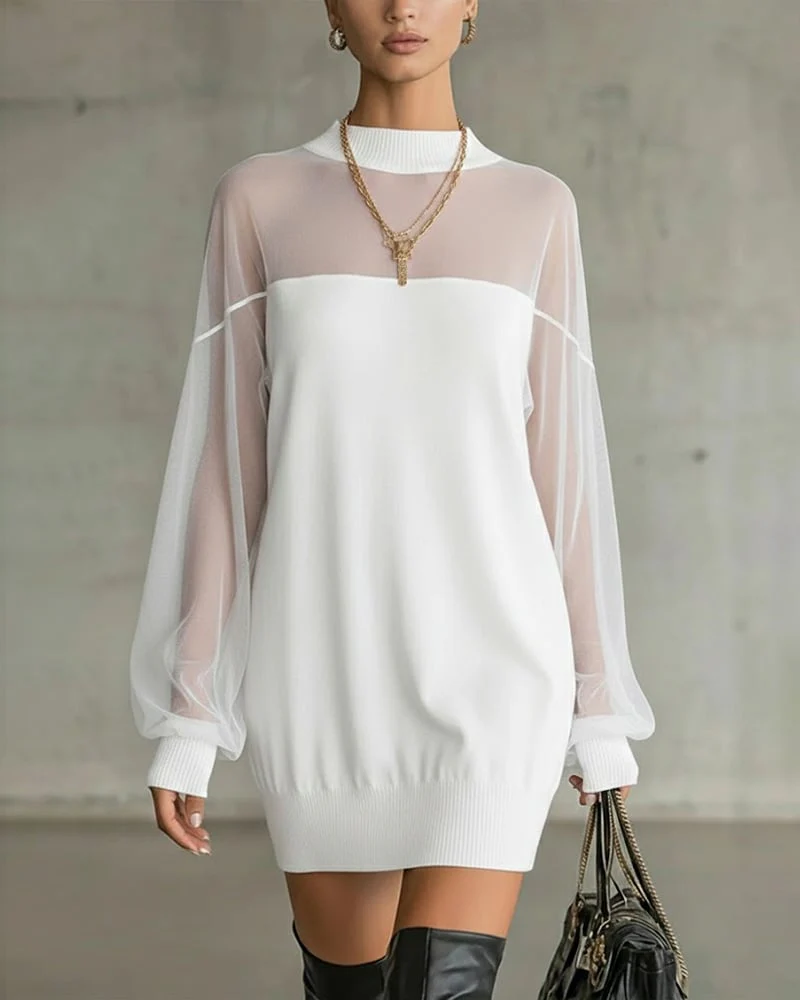 Lantern Sleeve Solid Color Patchwork Dress - Image 7
