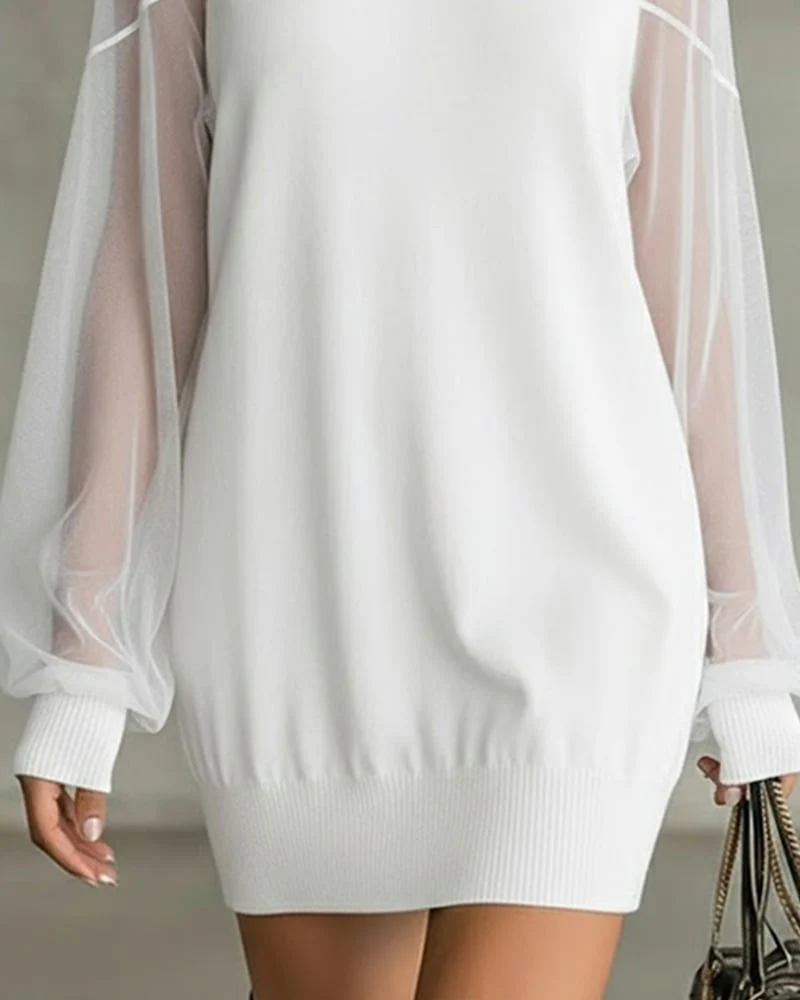 Lantern Sleeve Solid Color Patchwork Dress - Image 9