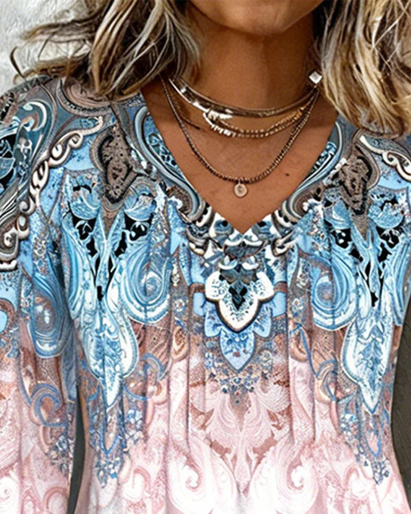 Lantern Sleeve V-Neck Printed Top - Image 2