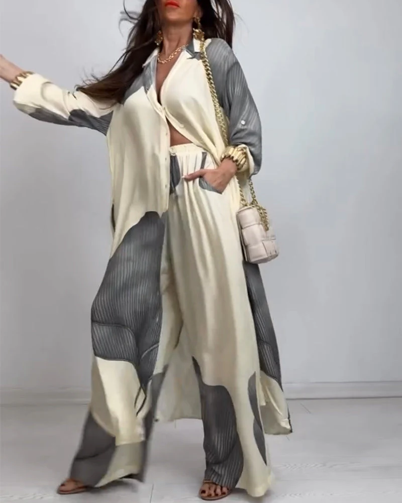 Lapel Button Colorblock Striped Straight Pants Suit - Image 7
