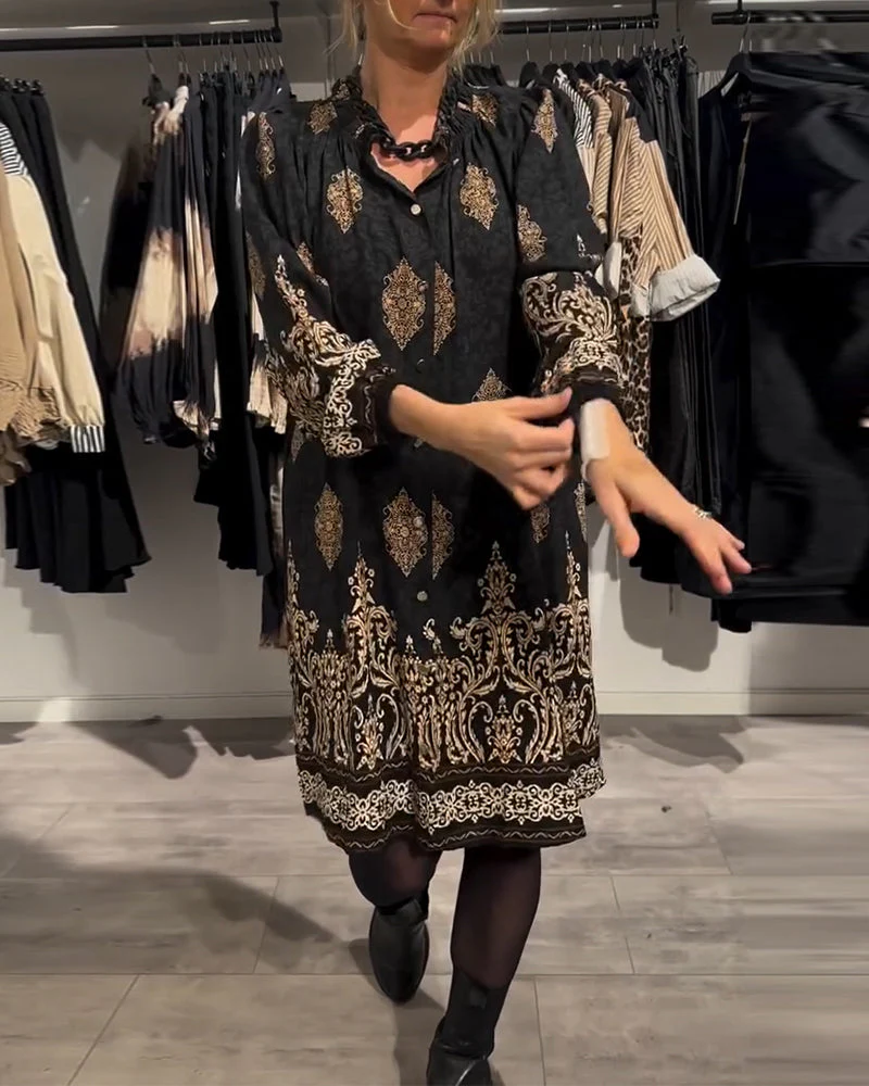 Lapel Button Down Vintage Print Dress - Image 16