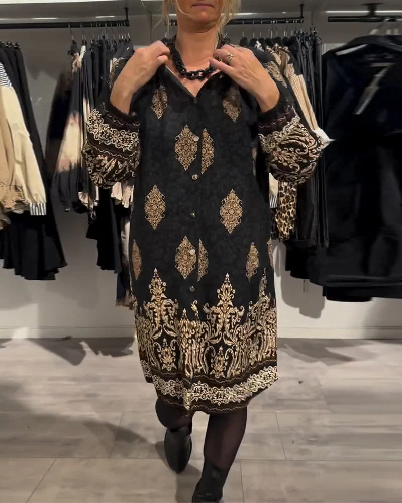 Lapel Button Down Vintage Print Dress - Image 2