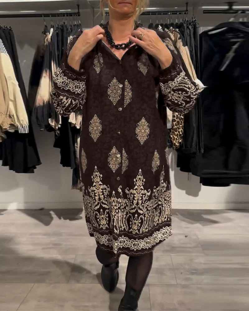 Lapel Button Down Vintage Print Dress - Image 23