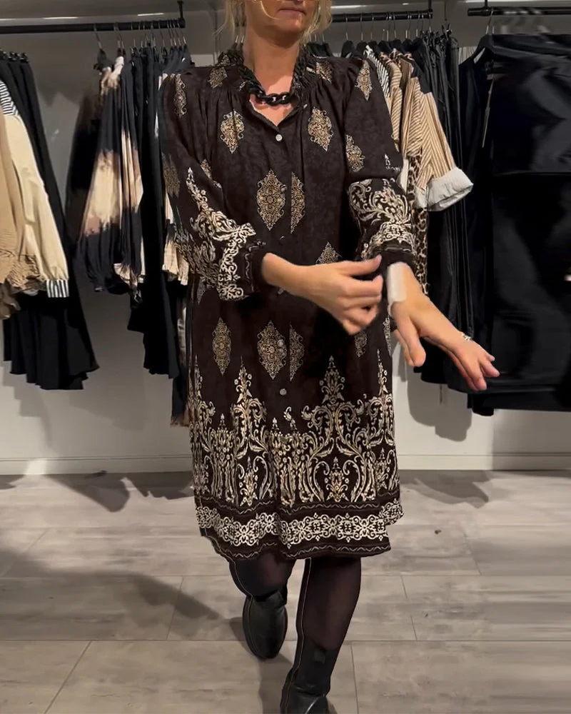 Lapel Button Down Vintage Print Dress - Image 26