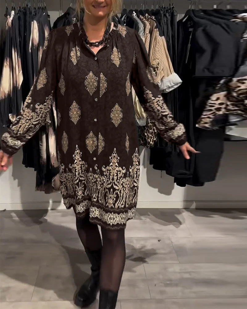 Lapel Button Down Vintage Print Dress - Image 37